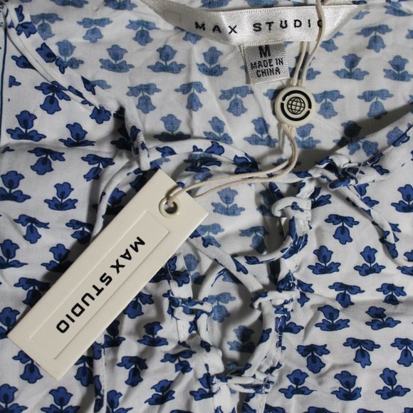 Max Studio Blue White Floral Lace Up Tank M - Picture 4 of 4